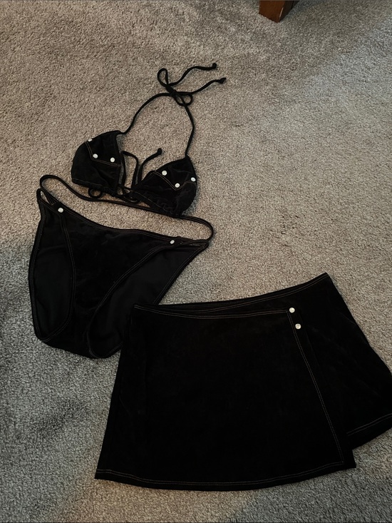 bebe Other - Vintage Bebe Velvet Triangle Bikini Top, High Cut Brief and Skirt Set